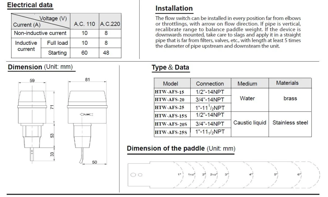 240VAC White Afs Series Spdt Paddle Electirc Water Flow Switch