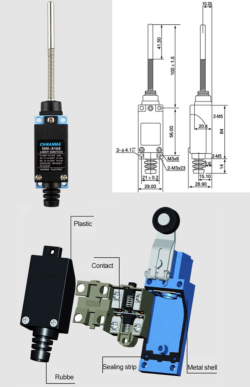 250VAC/10A Me Series Waterproof Limit Switch 8104 with Plastic/Stainless Steel Roller